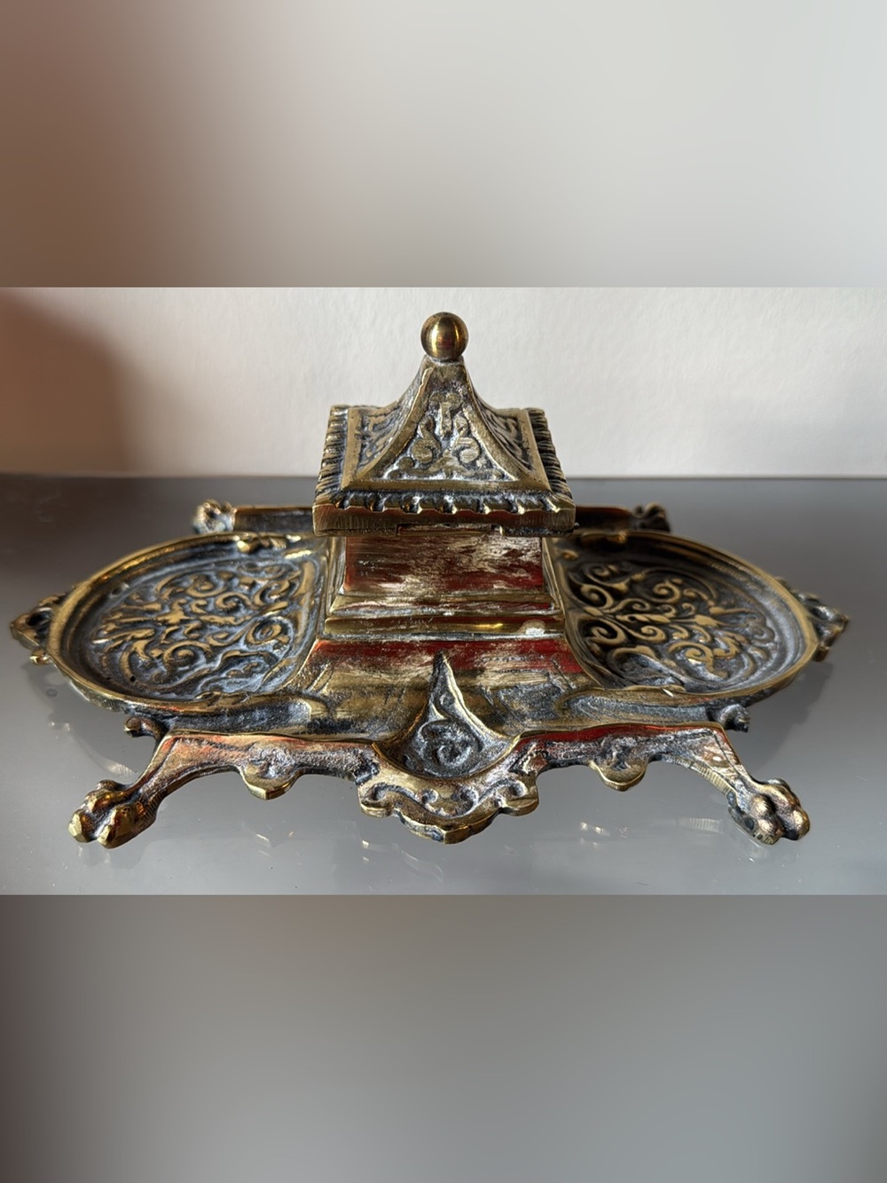 Japanese Brass Footed Pagoda Inkwell Vintage Antique